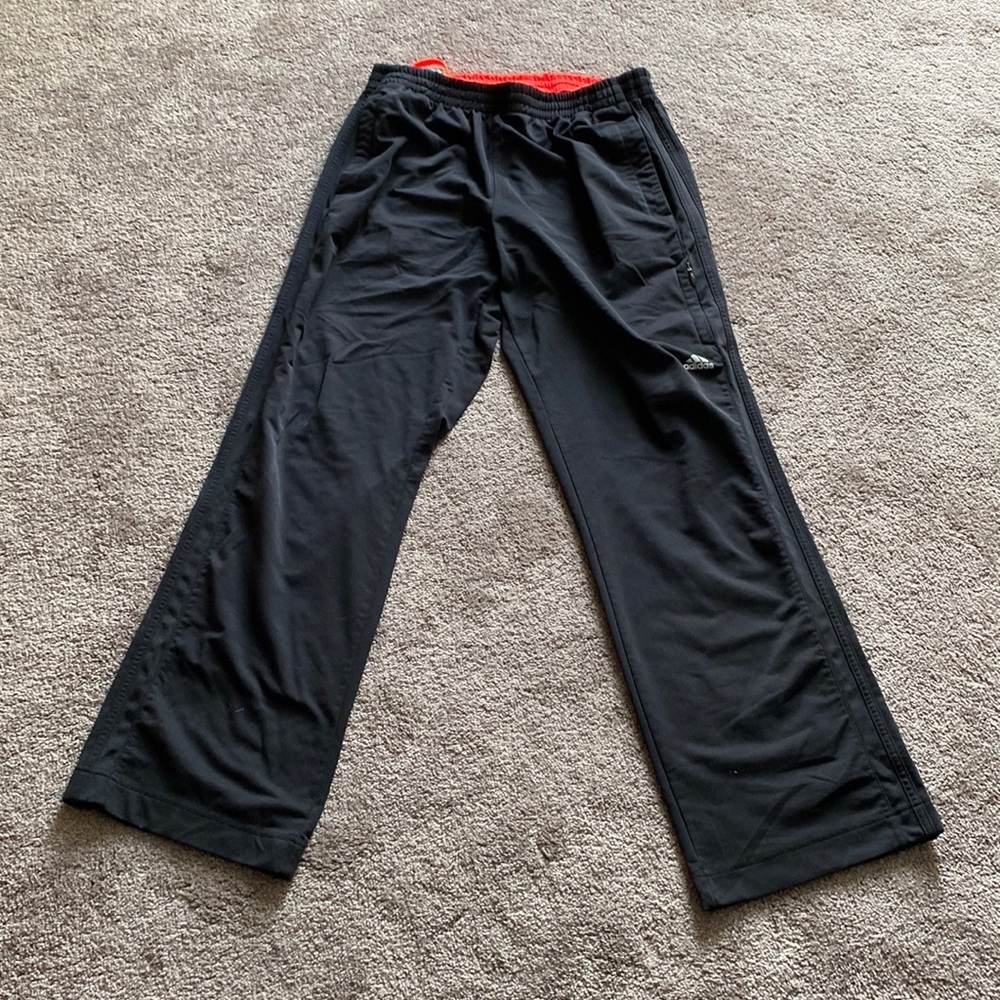 Adidas Black Tricot Track Pants Orange Waistband Straight Leg SIZE L